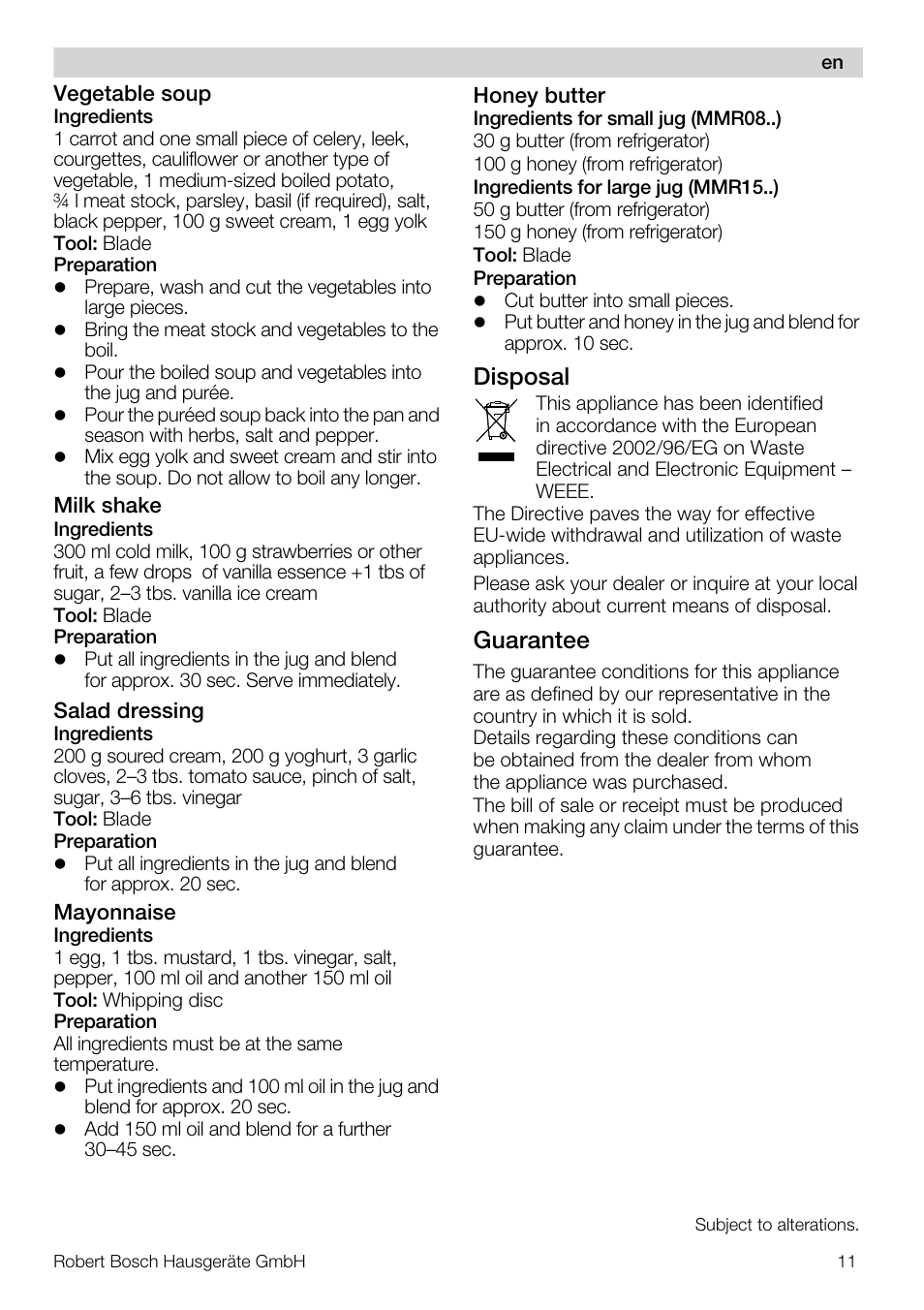 Disposal, Guarantee | Bosch MMR08R2 Universal -Zerkleinerer rot grau User Manual | Page 11 / 102