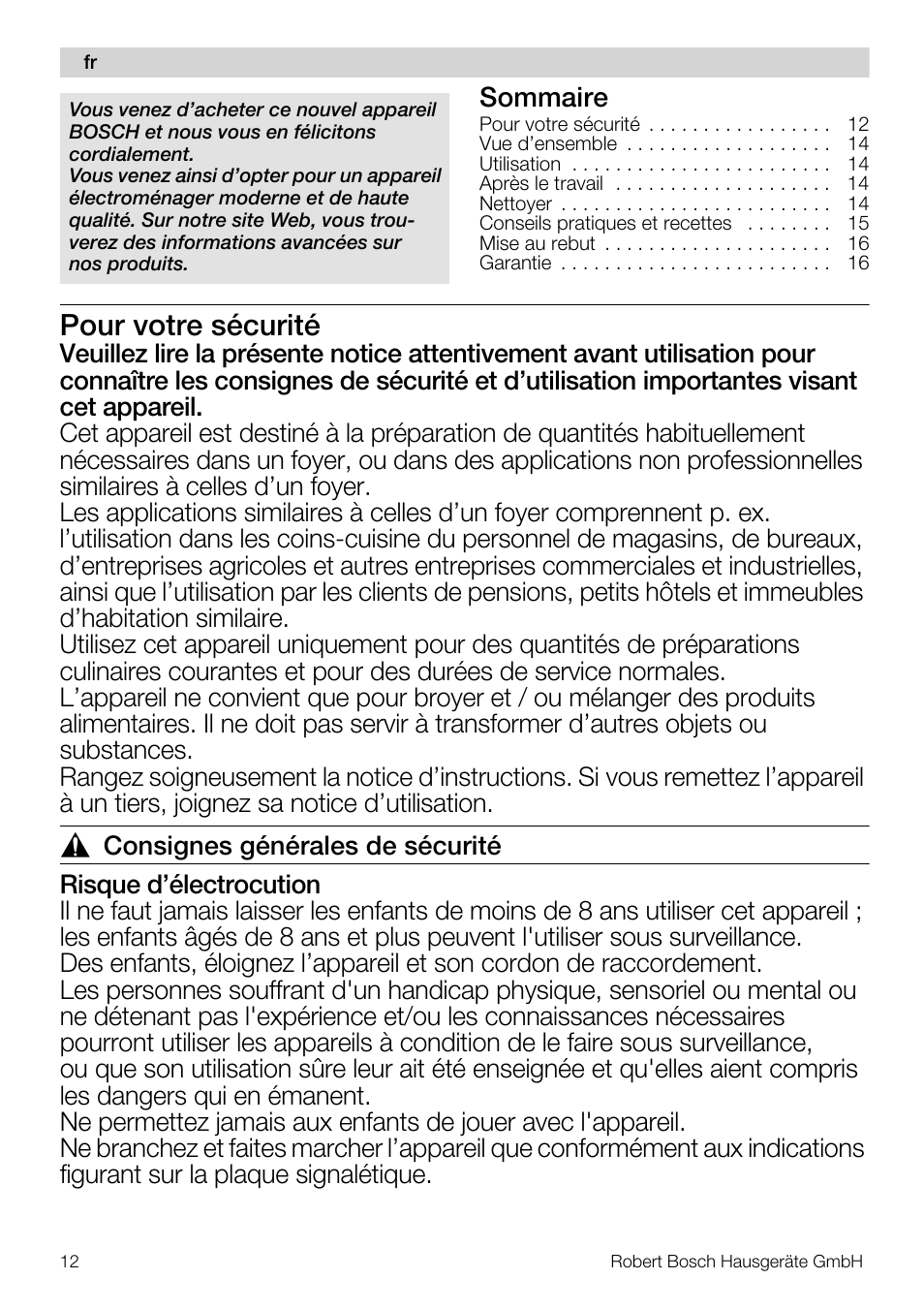 Pour votre sécurité, Sommaire | Bosch MMR08R2 Universal -Zerkleinerer rot grau User Manual | Page 12 / 102