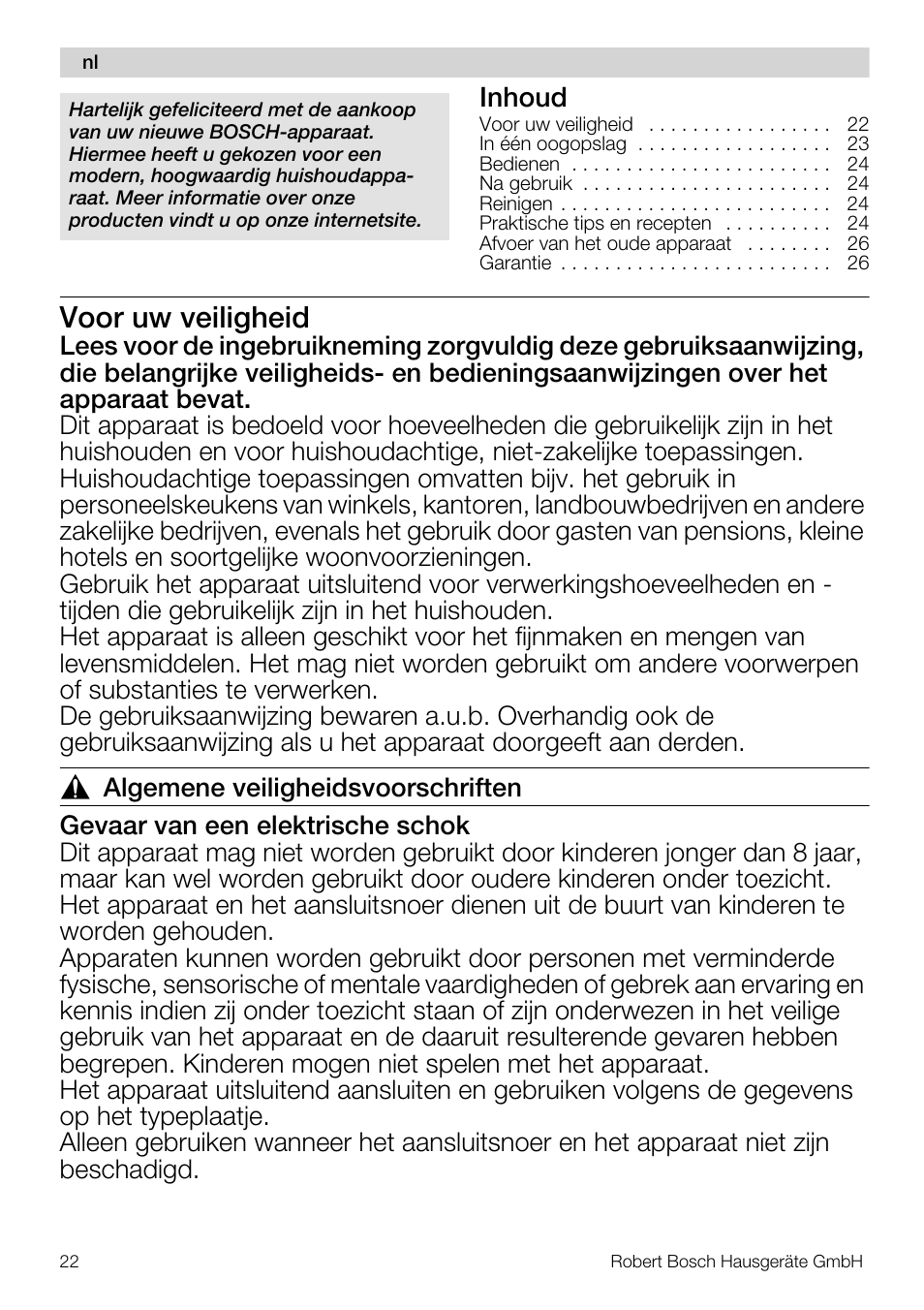 Voor uw veiligheid, Inhoud | Bosch MMR08R2 Universal -Zerkleinerer rot grau User Manual | Page 22 / 102