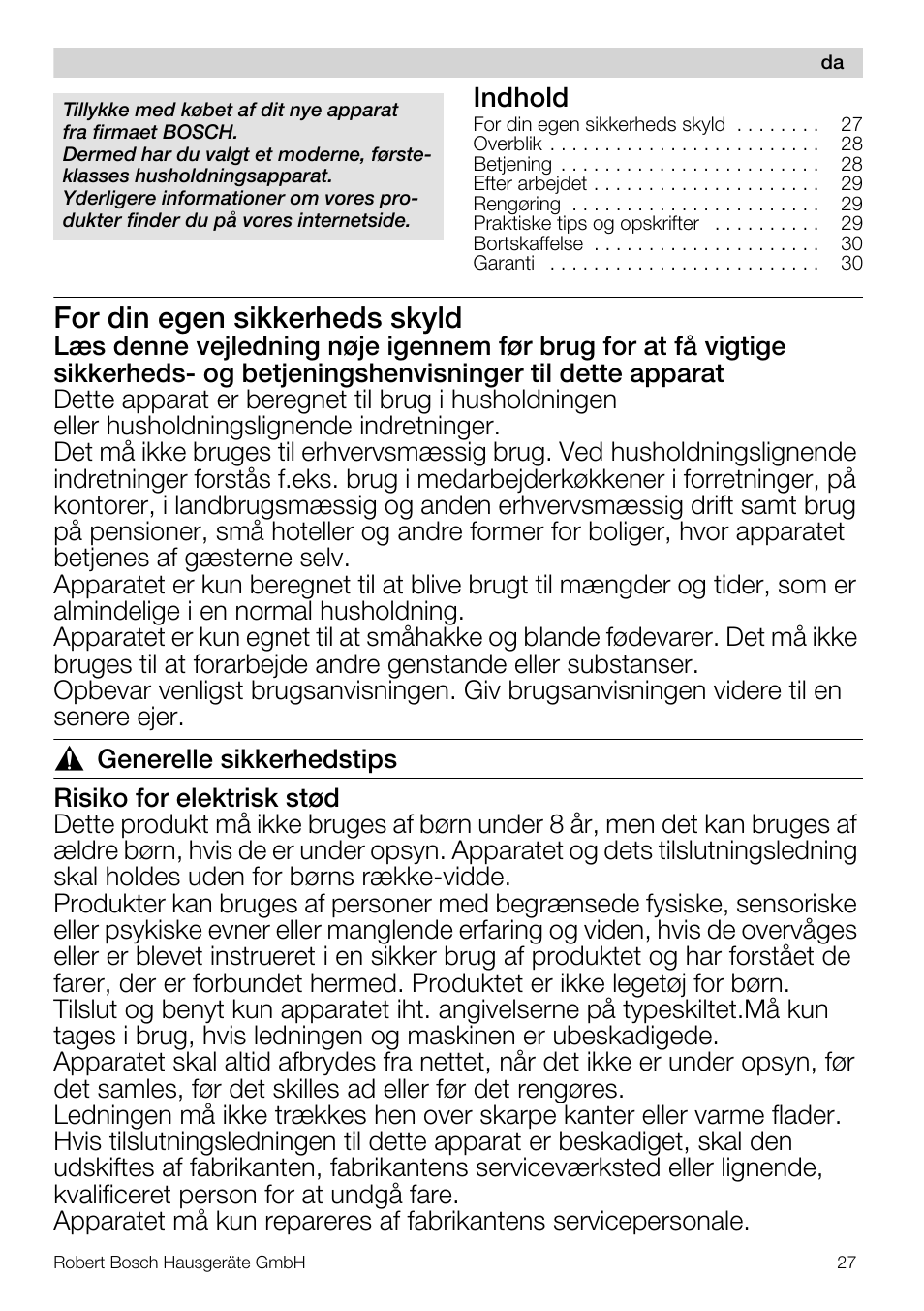 For din egen sikkerheds skyld, Indhold | Bosch MMR08R2 Universal -Zerkleinerer rot grau User Manual | Page 27 / 102