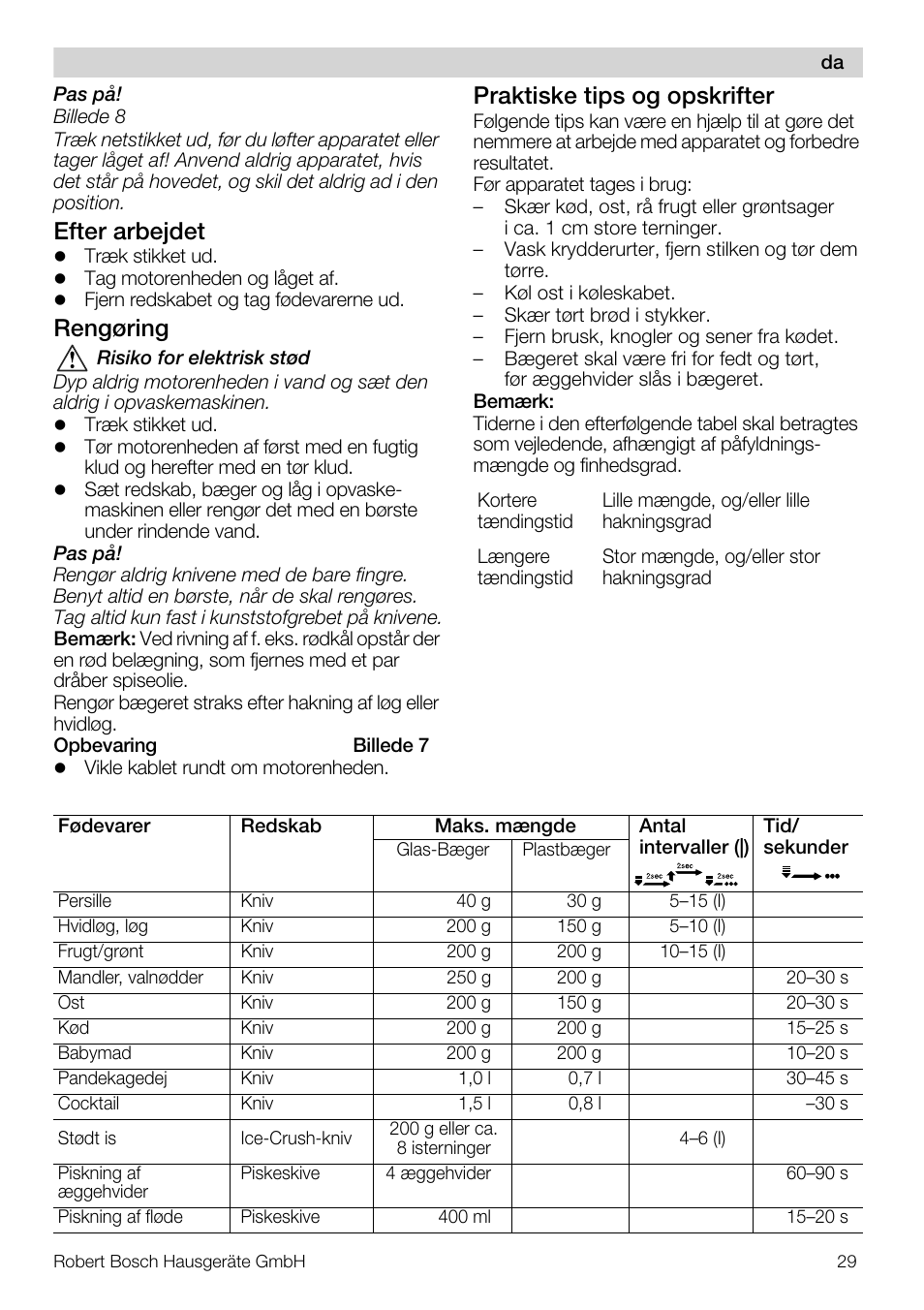 Efter arbejdet, Rengøring, Praktiske tips og opskrifter | Bosch MMR08R2 Universal -Zerkleinerer rot grau User Manual | Page 29 / 102