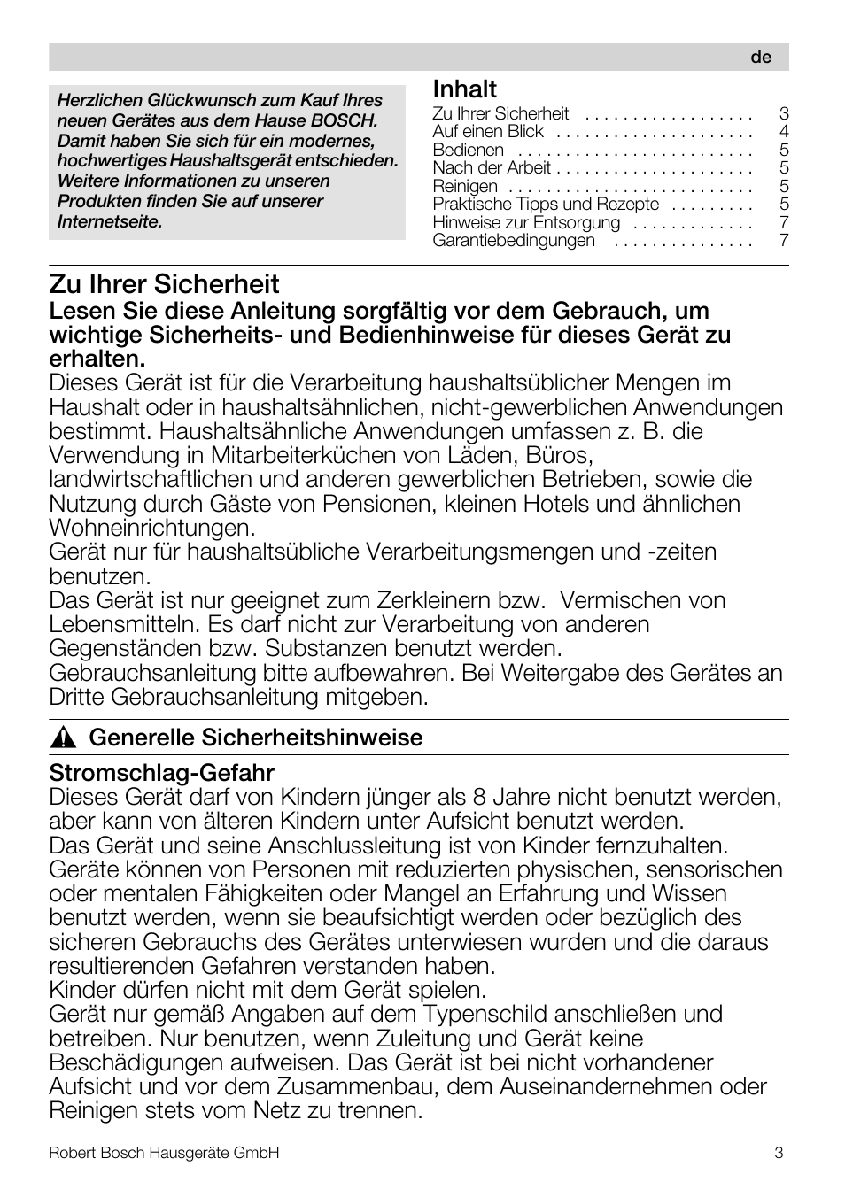 Zu ihrer sicherheit, Inhalt | Bosch MMR08R2 Universal -Zerkleinerer rot grau User Manual | Page 3 / 102