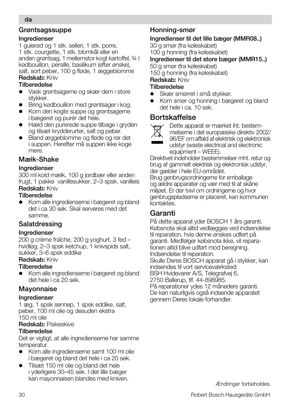 Bortskaffelse, Garanti | Bosch MMR08R2 Universal -Zerkleinerer rot grau User Manual | Page 30 / 102