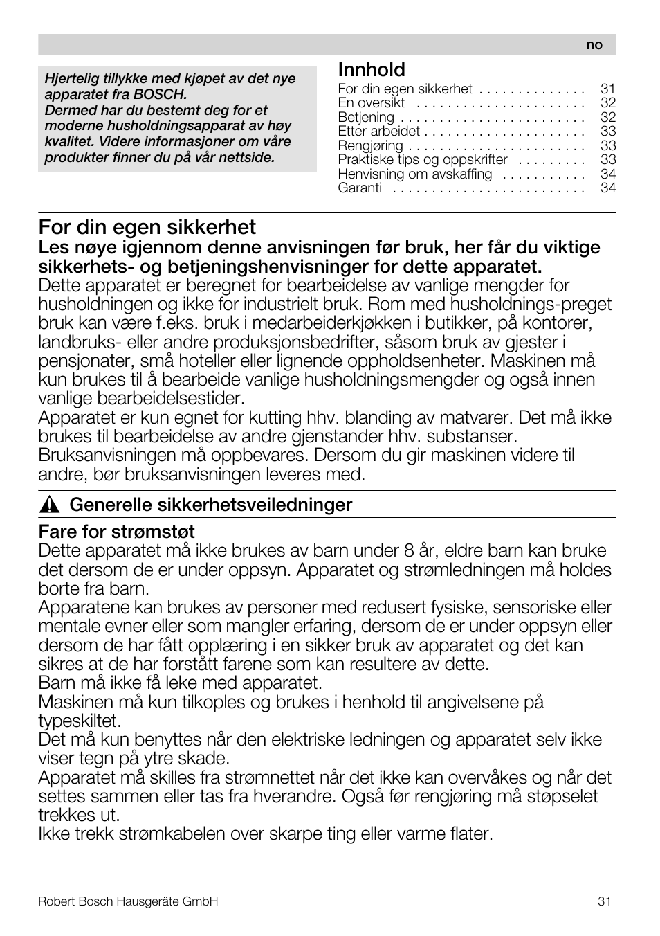 For din egen sikkerhet, Innhold | Bosch MMR08R2 Universal -Zerkleinerer rot grau User Manual | Page 31 / 102