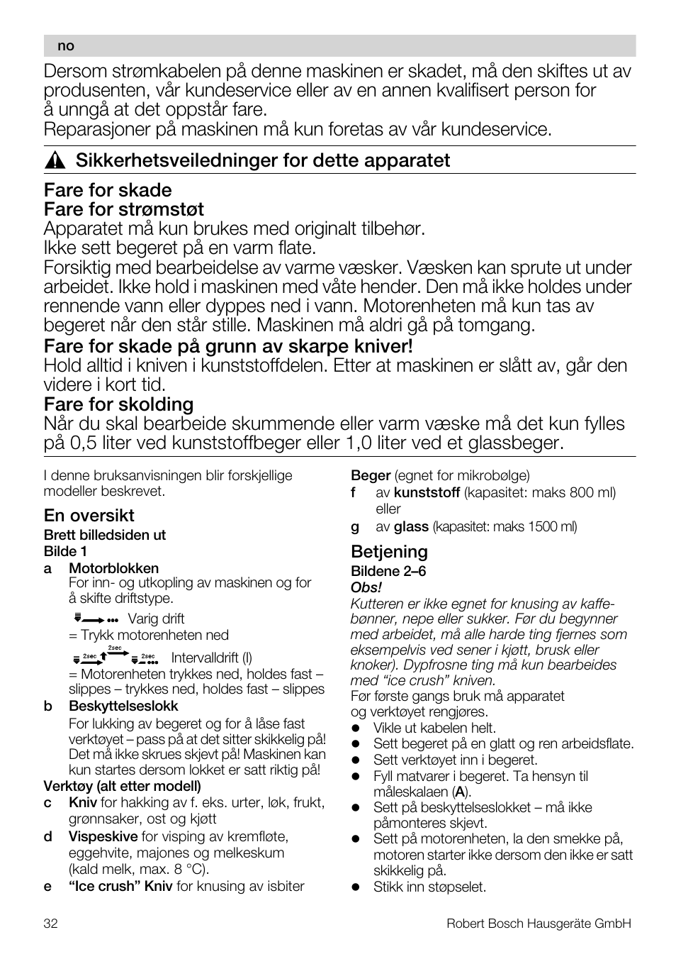 En oversikt, Betjening | Bosch MMR08R2 Universal -Zerkleinerer rot grau User Manual | Page 32 / 102