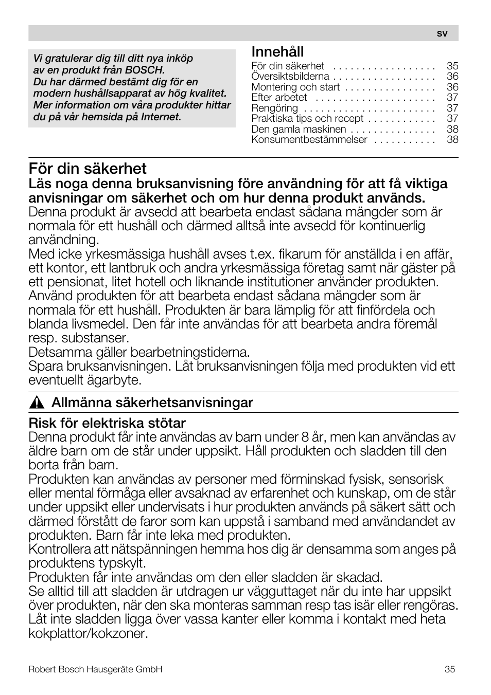 För din säkerhet, Innehåll | Bosch MMR08R2 Universal -Zerkleinerer rot grau User Manual | Page 35 / 102