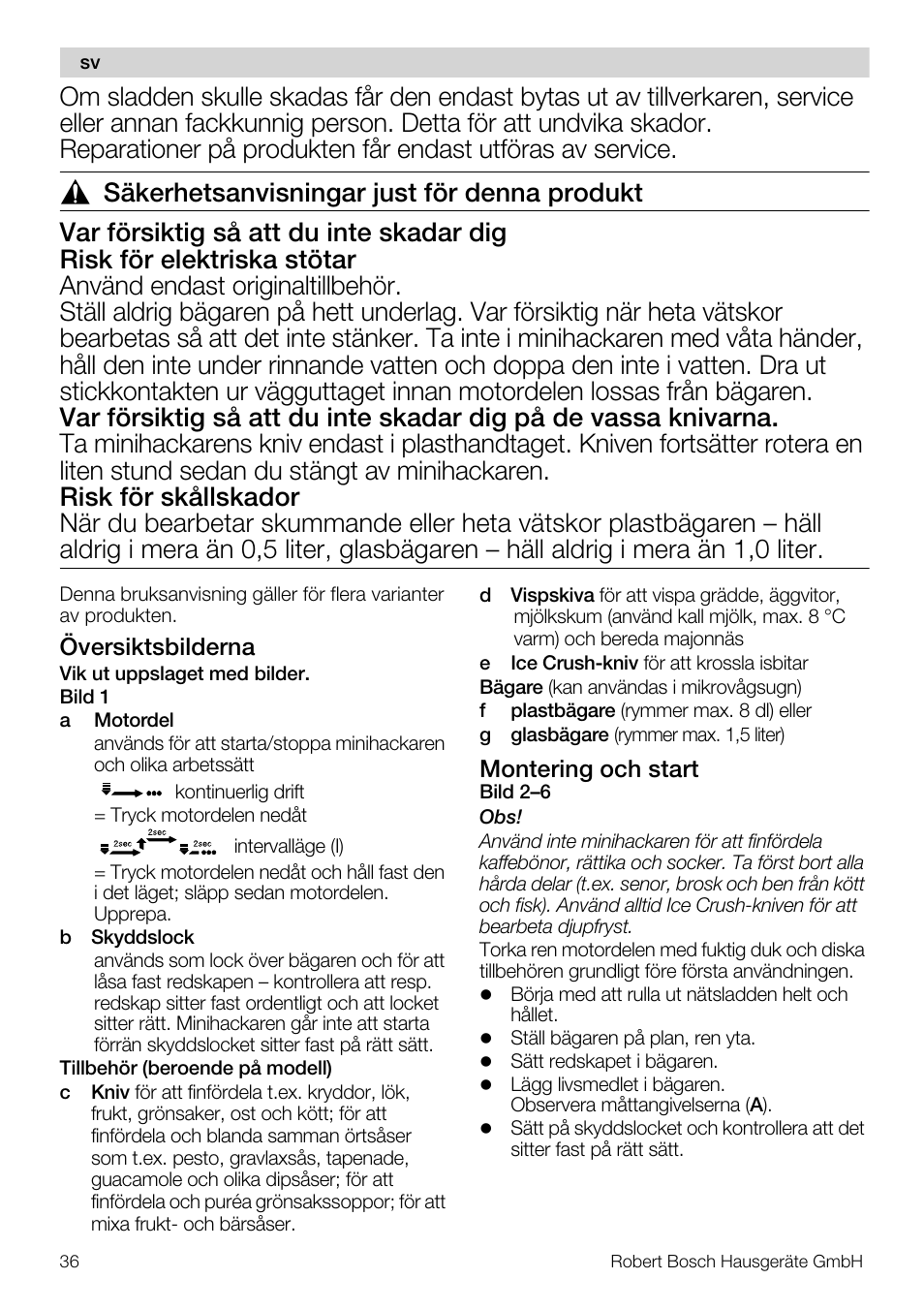 Översiktsbilderna, Montering och start | Bosch MMR08R2 Universal -Zerkleinerer rot grau User Manual | Page 36 / 102