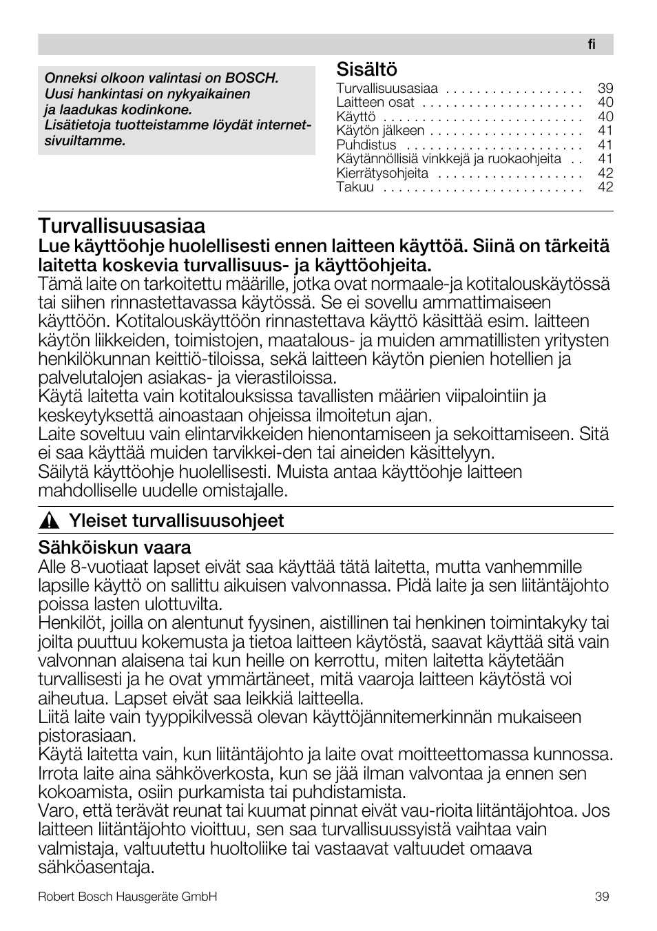 Turvallisuusasiaa, Sisältö | Bosch MMR08R2 Universal -Zerkleinerer rot grau User Manual | Page 39 / 102