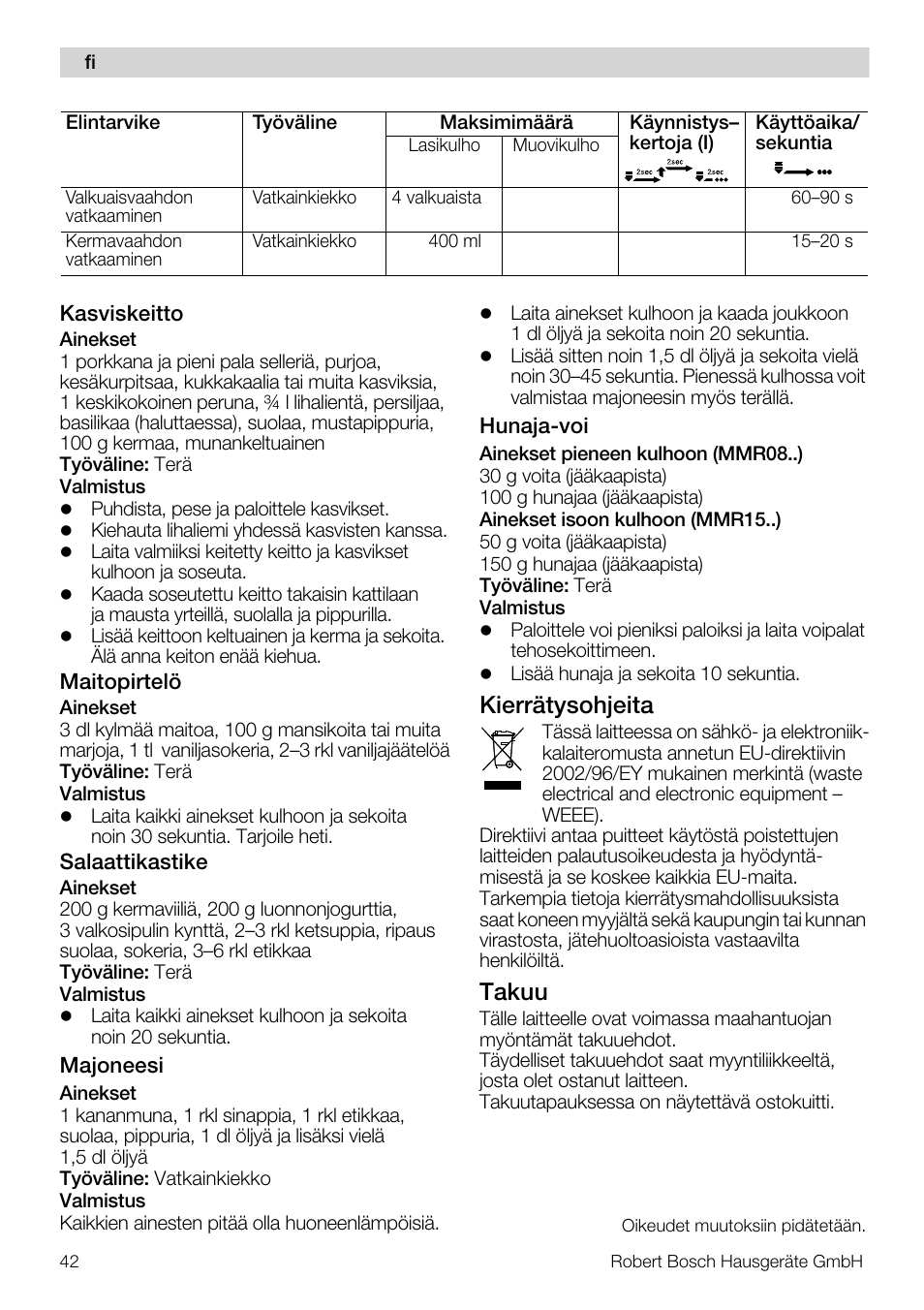 Kierrätysohjeita, Takuu | Bosch MMR08R2 Universal -Zerkleinerer rot grau User Manual | Page 42 / 102