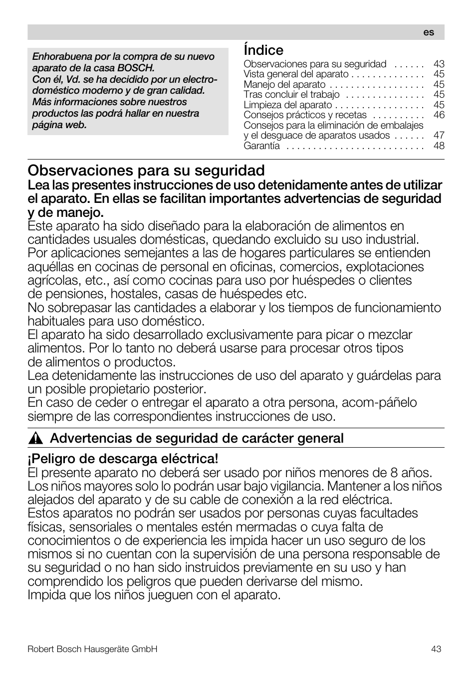 Observaciones para su seguridad, Índice | Bosch MMR08R2 Universal -Zerkleinerer rot grau User Manual | Page 43 / 102