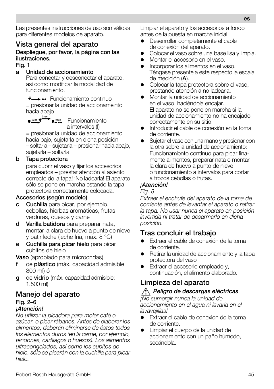 Vista general del aparato, Manejo del aparato, Tras concluir el trabajo | Limpieza del aparato | Bosch MMR08R2 Universal -Zerkleinerer rot grau User Manual | Page 45 / 102