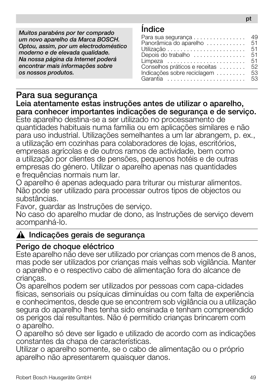 Para sua segurança, Índice | Bosch MMR08R2 Universal -Zerkleinerer rot grau User Manual | Page 49 / 102