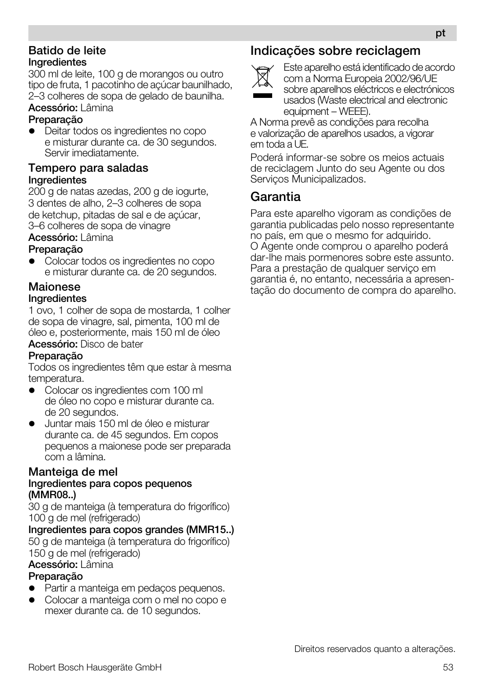 Indicações sobre reciclagem, Garantia | Bosch MMR08R2 Universal -Zerkleinerer rot grau User Manual | Page 53 / 102