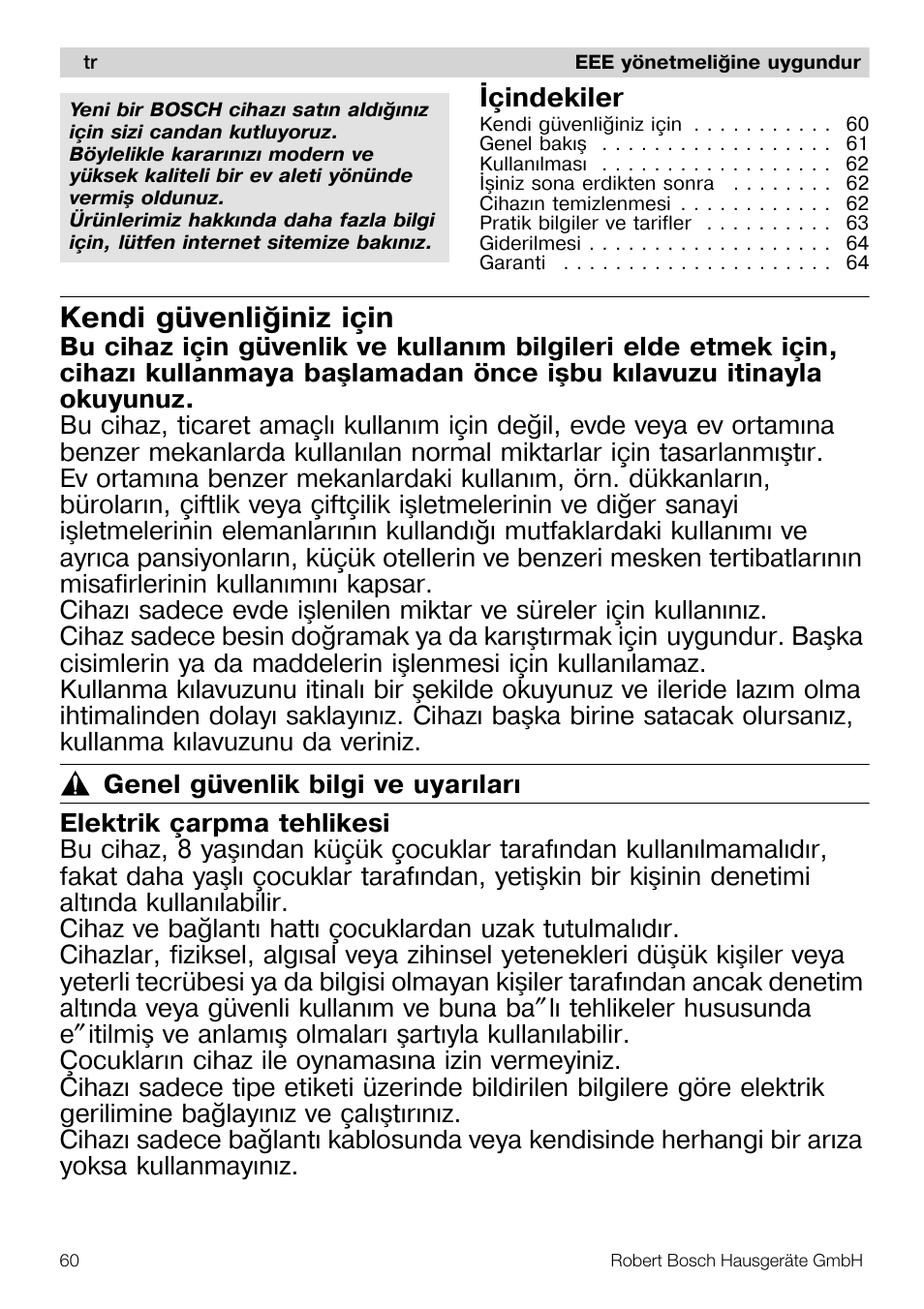 Kendi güvenliðiniz için, Ýçindekiler | Bosch MMR08R2 Universal -Zerkleinerer rot grau User Manual | Page 60 / 102