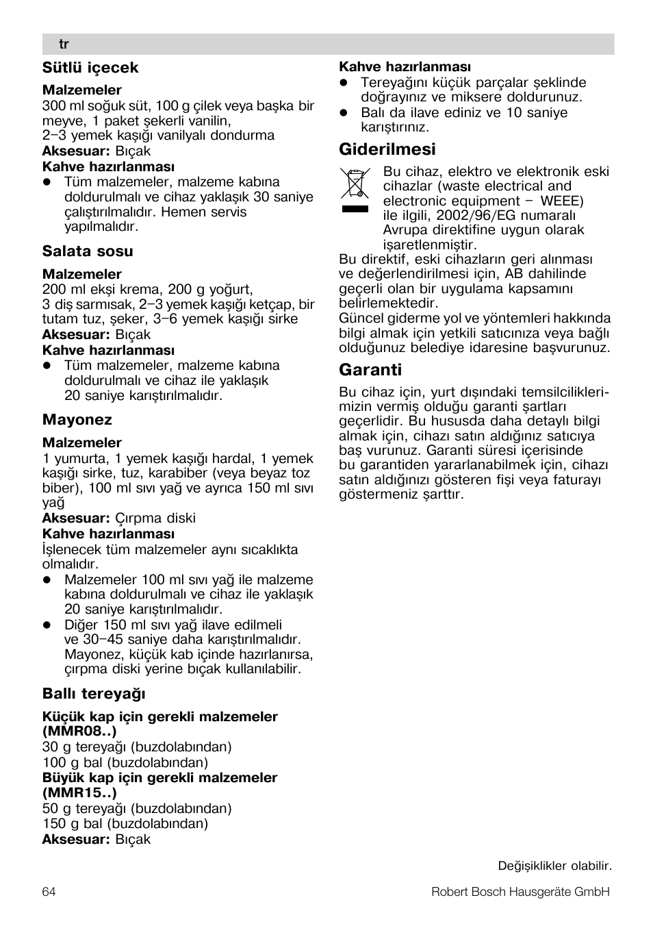 Giderilmesi, Garanti | Bosch MMR08R2 Universal -Zerkleinerer rot grau User Manual | Page 64 / 102