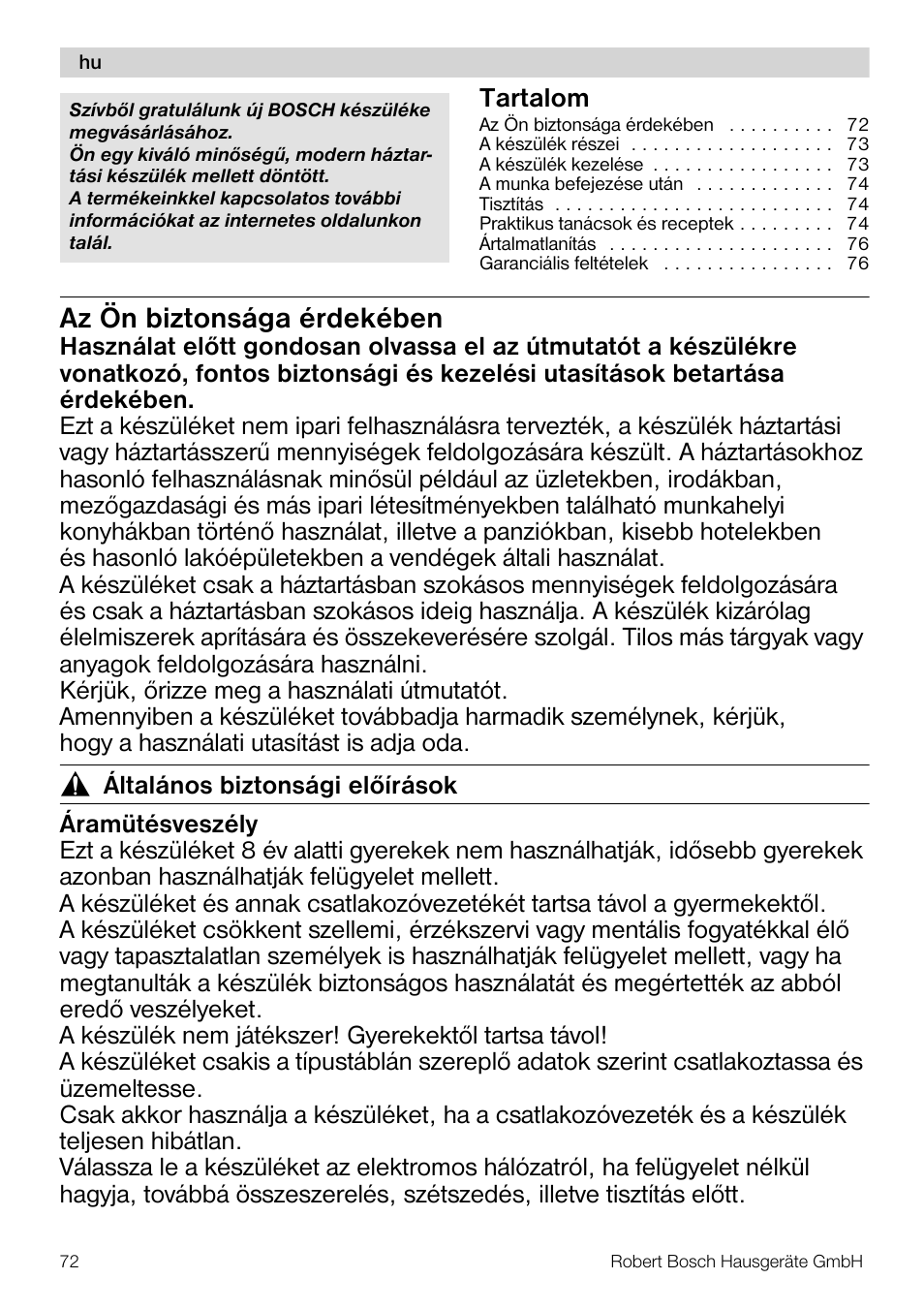 Az ön biztonsága érdekében | Bosch MMR08R2 Universal -Zerkleinerer rot grau User Manual | Page 72 / 102