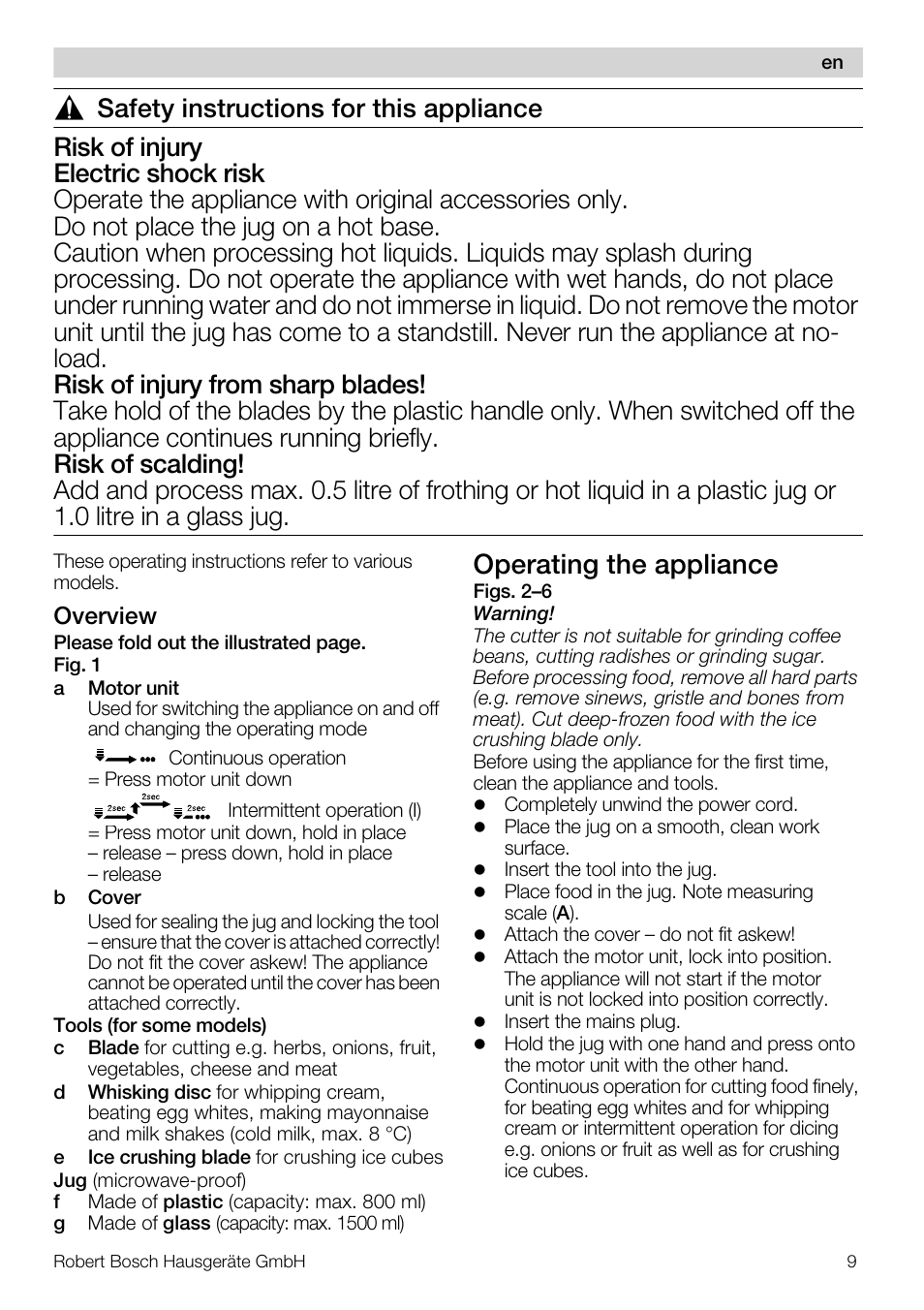 Operating the appliance, Overview | Bosch MMR08R2 Universal -Zerkleinerer rot grau User Manual | Page 9 / 102