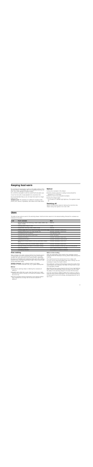 Keeping food warm, Method, Place the ovenware in the drawer | Add the food to the preheated ovenware, Close the drawer again, Switching off, Uses, Slow cooking, Notes on slow cooking | Bosch HSC140652 Einbau-Wärmeschublade Edelstahl 141 mm hoch User Manual | Page 11 / 40