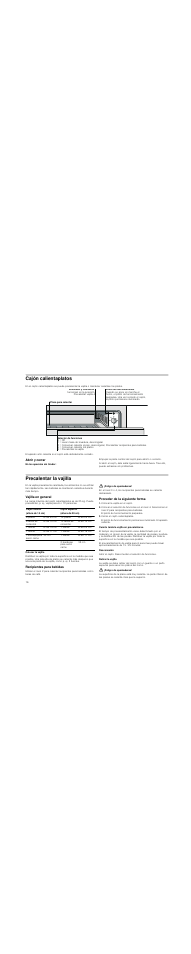 Cajón calientaplatos, Abrir y cerrar, Precalentar la vajilla | Vajilla en general, Colocar la vajilla, Recipientes para bebidas, Peligro de quemaduras, Proceder de la siguiente forma, Colocar la vajilla en el cajón, Cerrar el cajón calientaplatos | Bosch HSC140652 Einbau-Wärmeschublade Edelstahl 141 mm hoch User Manual | Page 16 / 40