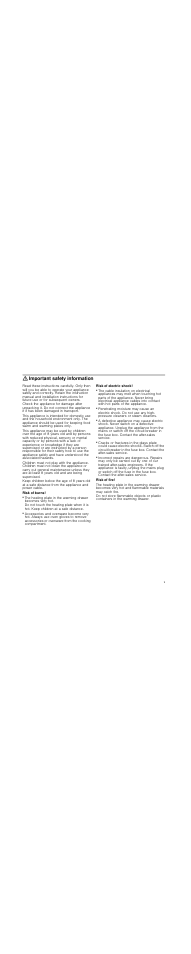 Important safety information, Risk of burns, Risk of electric shock | Risk of fire | Bosch HSC140652 Einbau-Wärmeschublade Edelstahl 141 mm hoch User Manual | Page 9 / 40