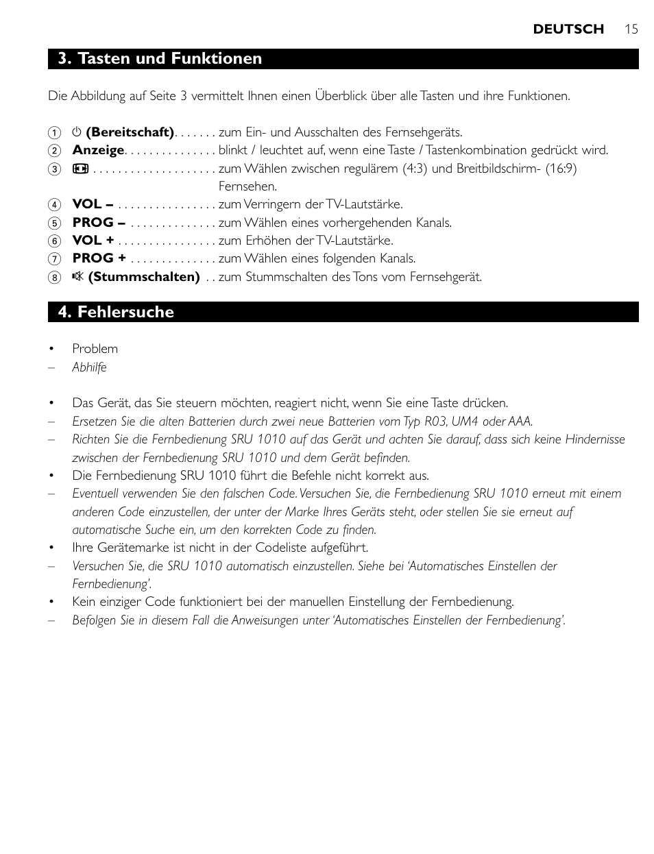 Tasten und funktionen, Fehlersuche | Philips SRU1010 User Manual | Page 14 / 73