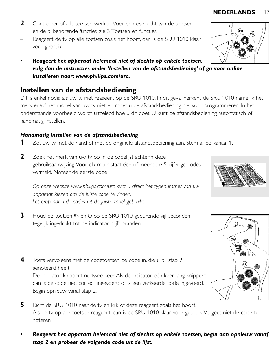 Instellen van de afstandsbediening | Philips SRU1010 User Manual | Page 16 / 73