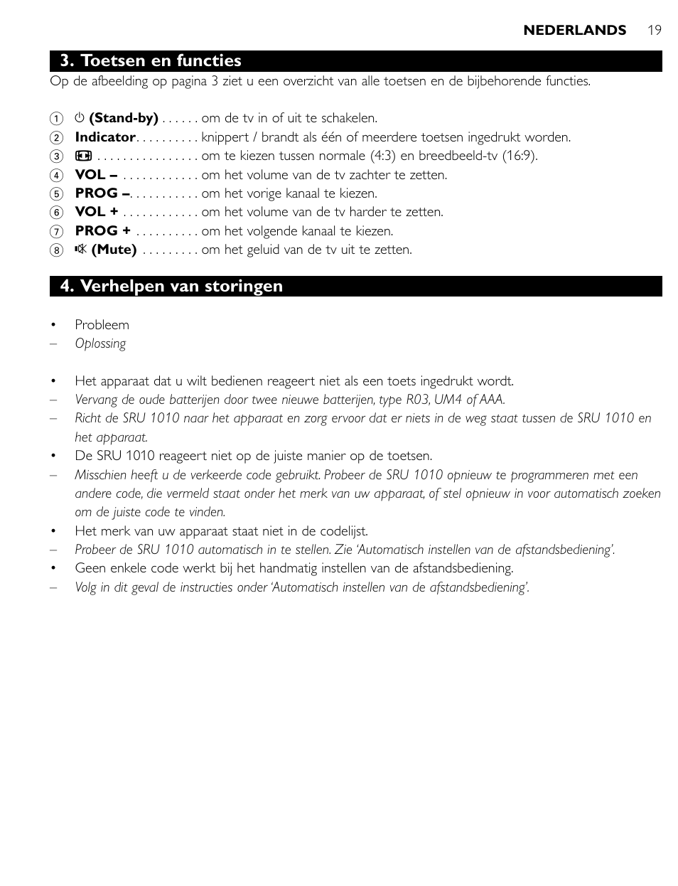 Toetsen en functies, Verhelpen van storingen | Philips SRU1010 User Manual | Page 18 / 73