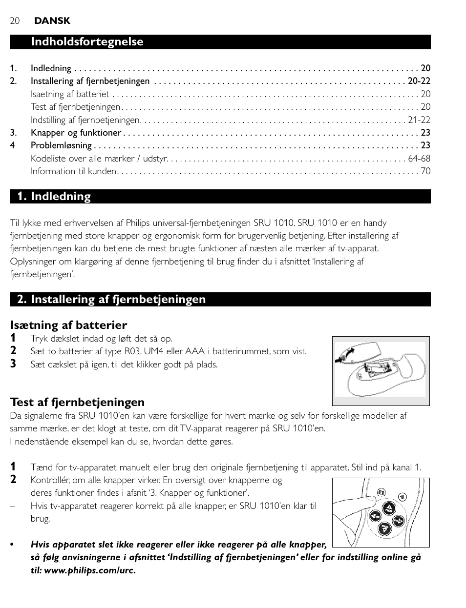 Indholdsfortegnelse, Indledning, Test af fjernbetjeningen | Philips SRU1010 User Manual | Page 19 / 73