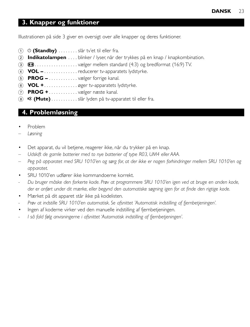 Knapper og funktioner, Problemløsning | Philips SRU1010 User Manual | Page 22 / 73