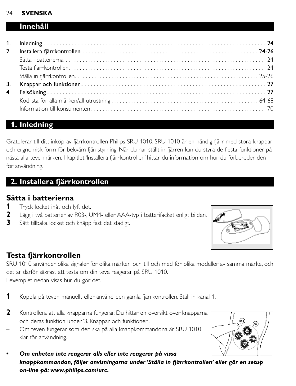 Innehåll, Inledning, Installera fjärrkontrollen sätta i batterierna 1 | Testa fjärrkontrollen | Philips SRU1010 User Manual | Page 23 / 73