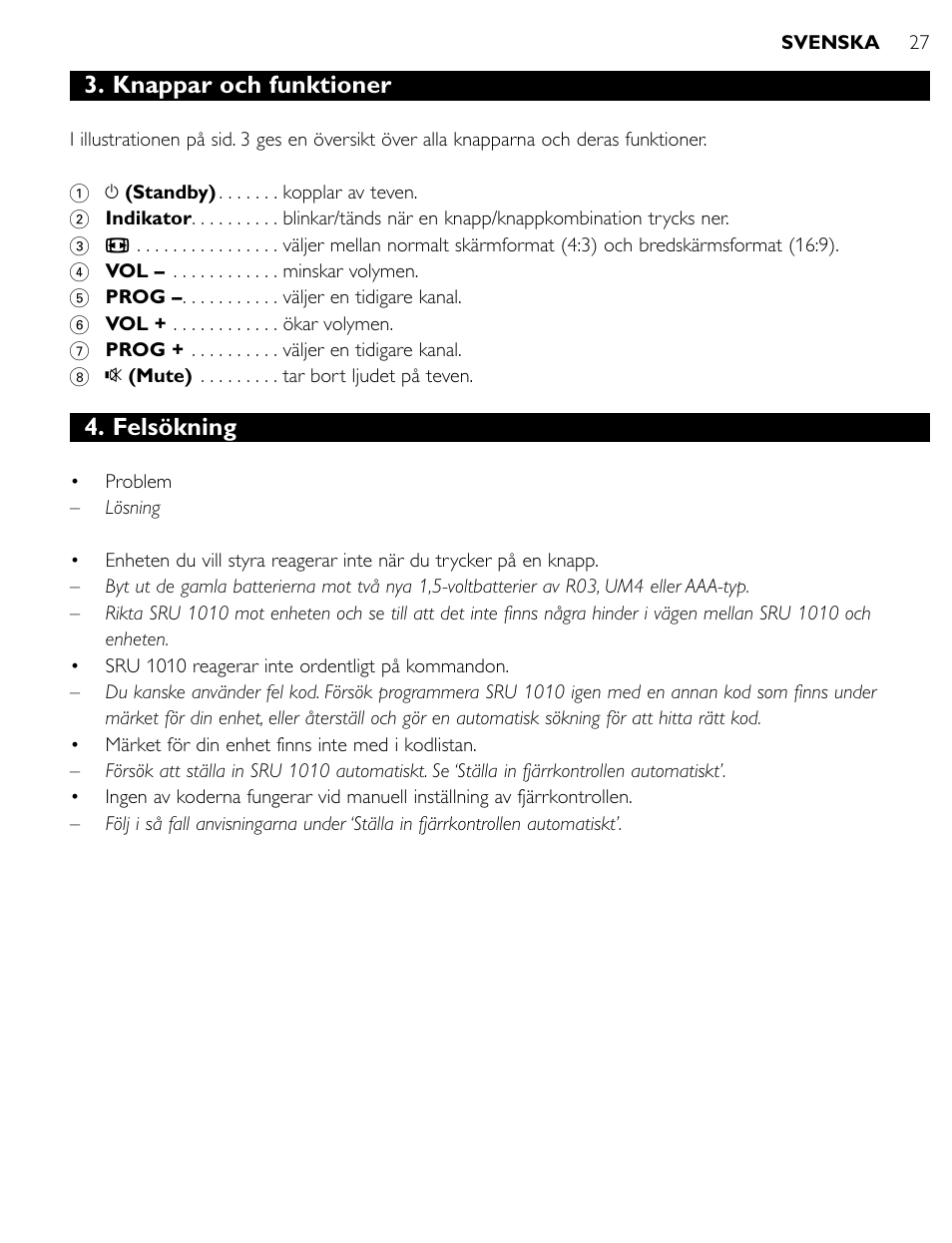 Knappar och funktioner, Felsökning | Philips SRU1010 User Manual | Page 26 / 73