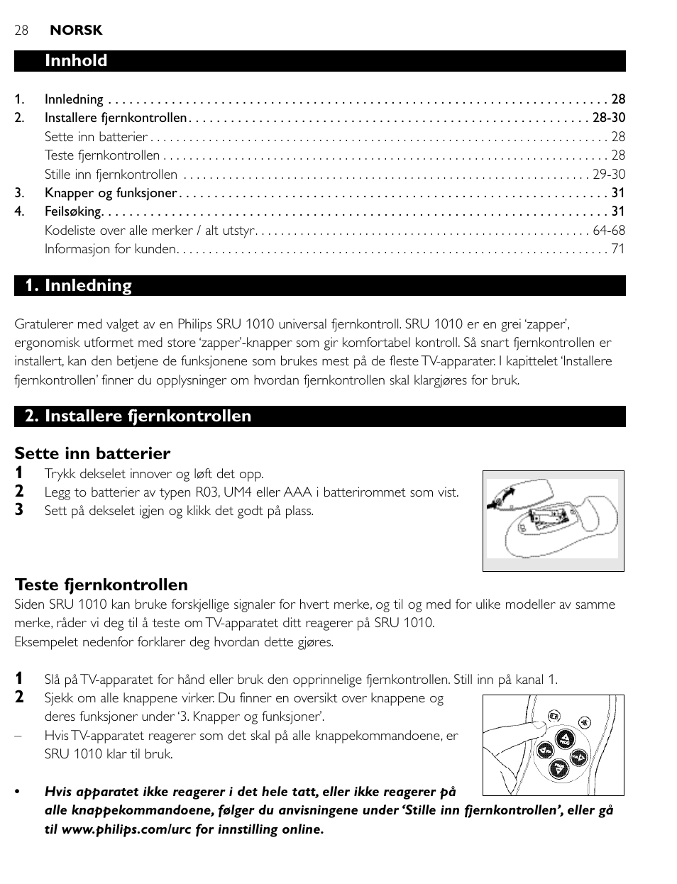 Innhold, Innledning, Installere fjernkontrollen sette inn batterier 1 | Teste fjernkontrollen | Philips SRU1010 User Manual | Page 27 / 73