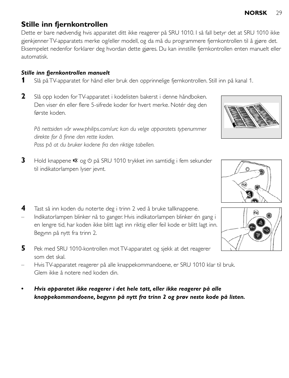 Stille inn fjernkontrollen | Philips SRU1010 User Manual | Page 28 / 73