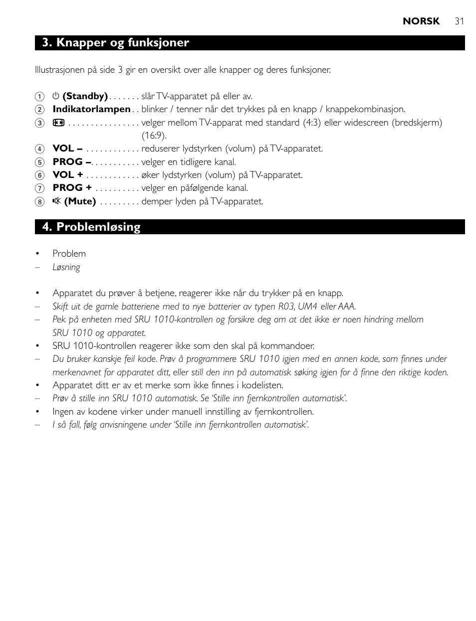 Knapper og funksjoner, Problemløsing | Philips SRU1010 User Manual | Page 30 / 73