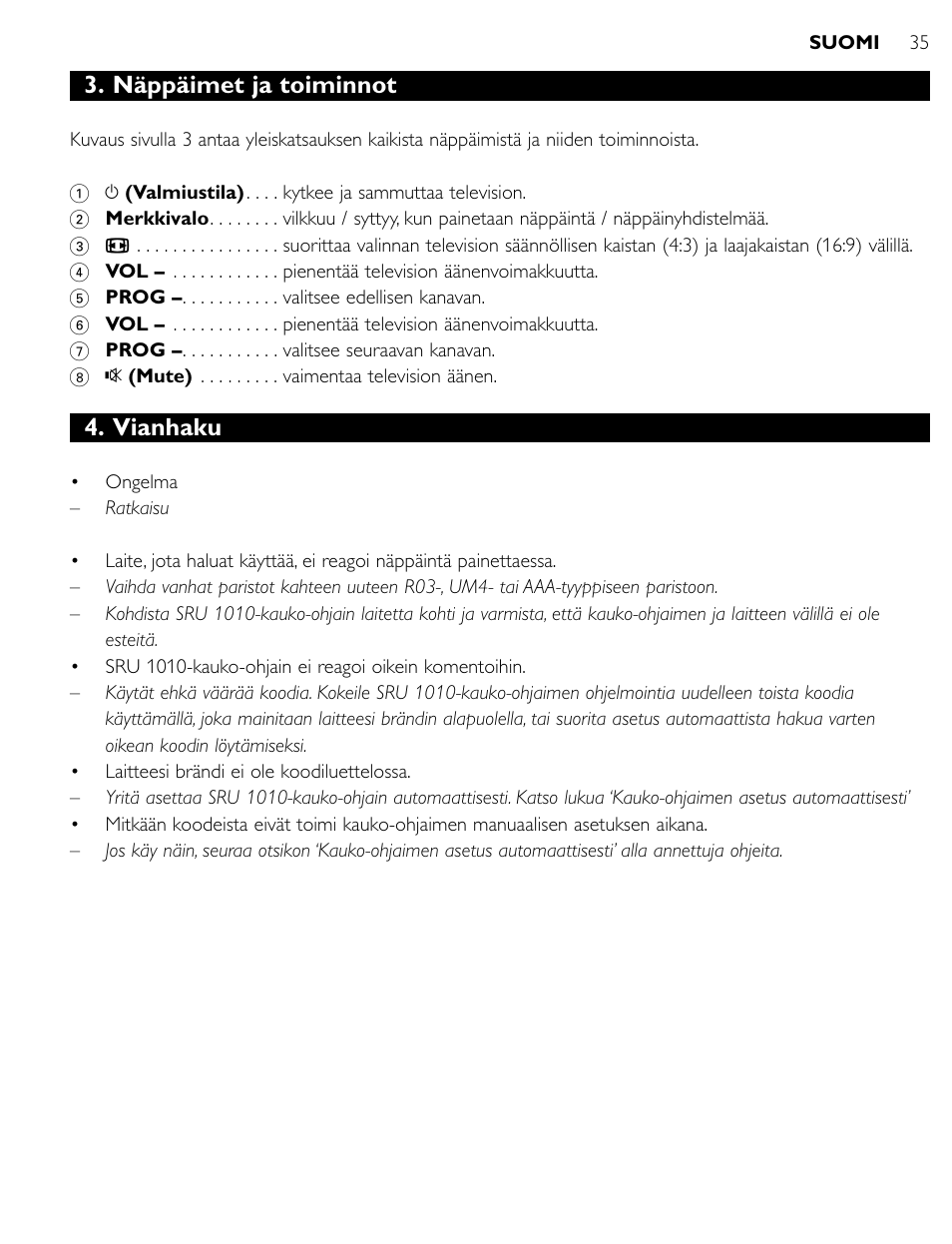 Näppäimet ja toiminnot, Vianhaku | Philips SRU1010 User Manual | Page 34 / 73