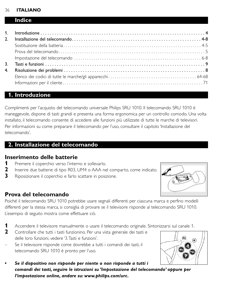 Indice, Introduzione, Prova del telecomando | Philips SRU1010 User Manual | Page 35 / 73