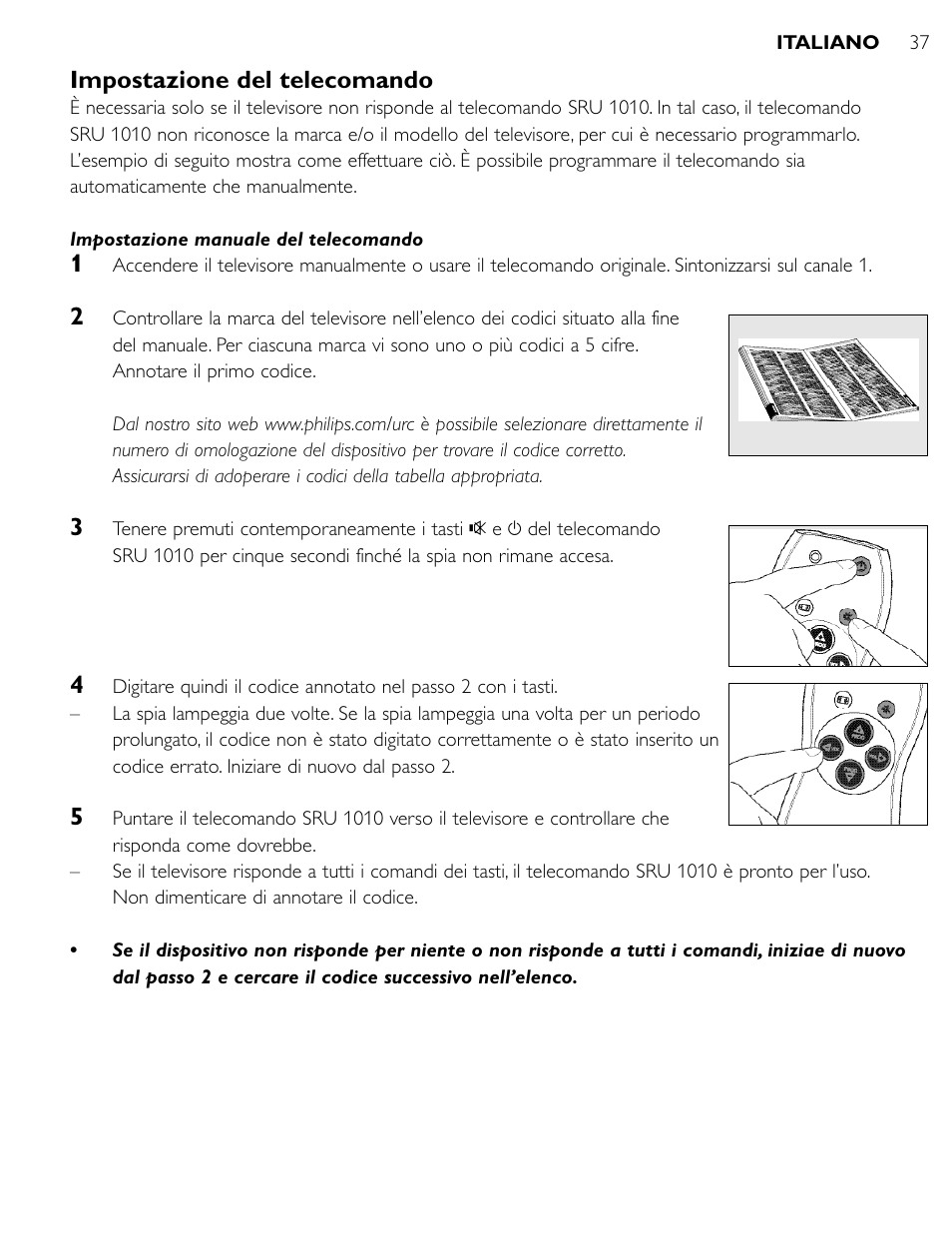Impostazione del telecomando | Philips SRU1010 User Manual | Page 36 / 73