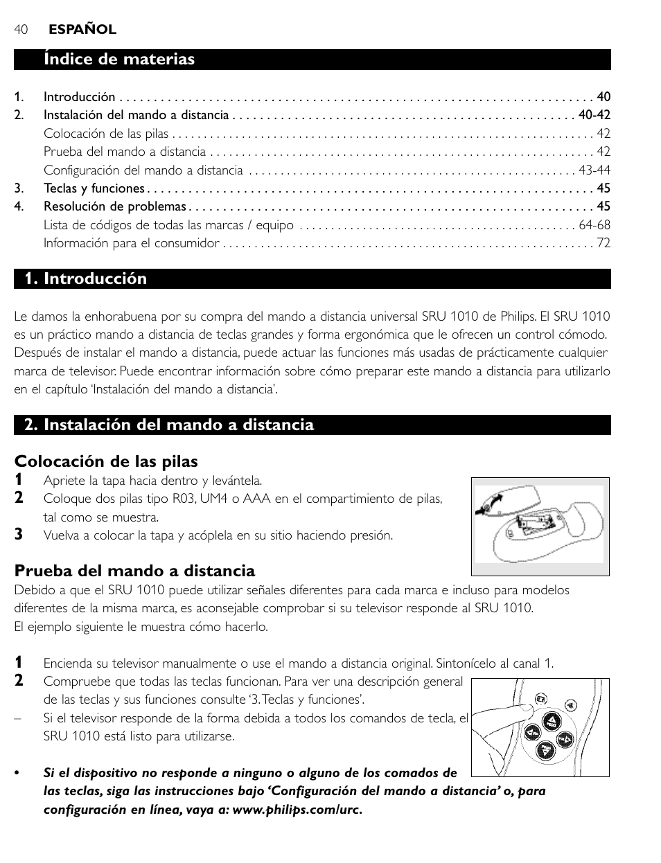 Índice de materias, Introducción, Prueba del mando a distancia | Philips SRU1010 User Manual | Page 39 / 73