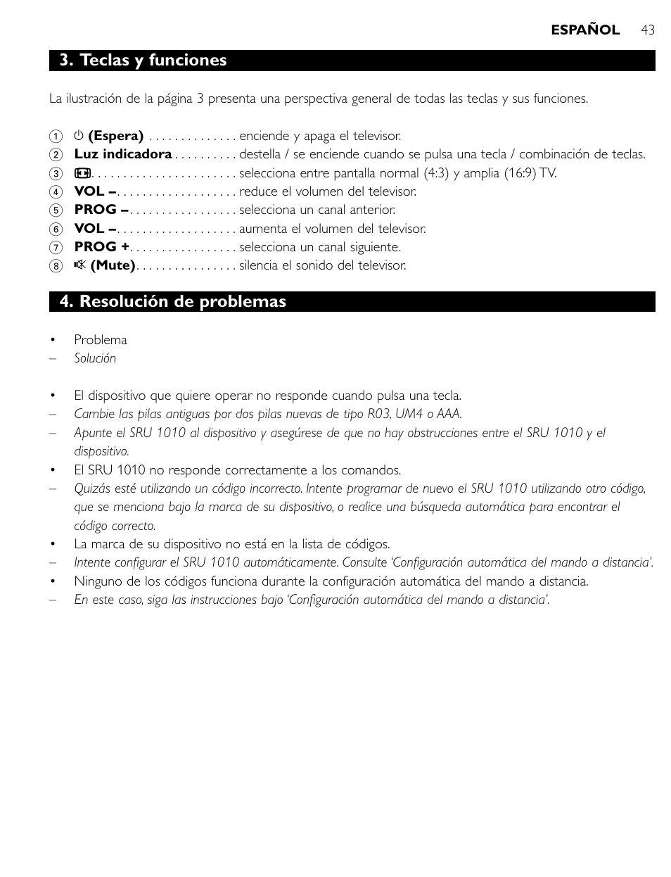 Teclas y funciones, Resolución de problemas | Philips SRU1010 User Manual | Page 42 / 73