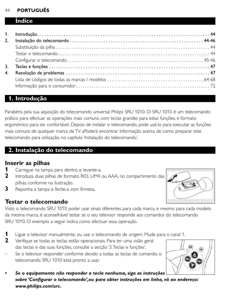 Índice, Introdução, Instalação do telecomando inserir as pilhas 1 | Testar o telecomando | Philips SRU1010 User Manual | Page 43 / 73