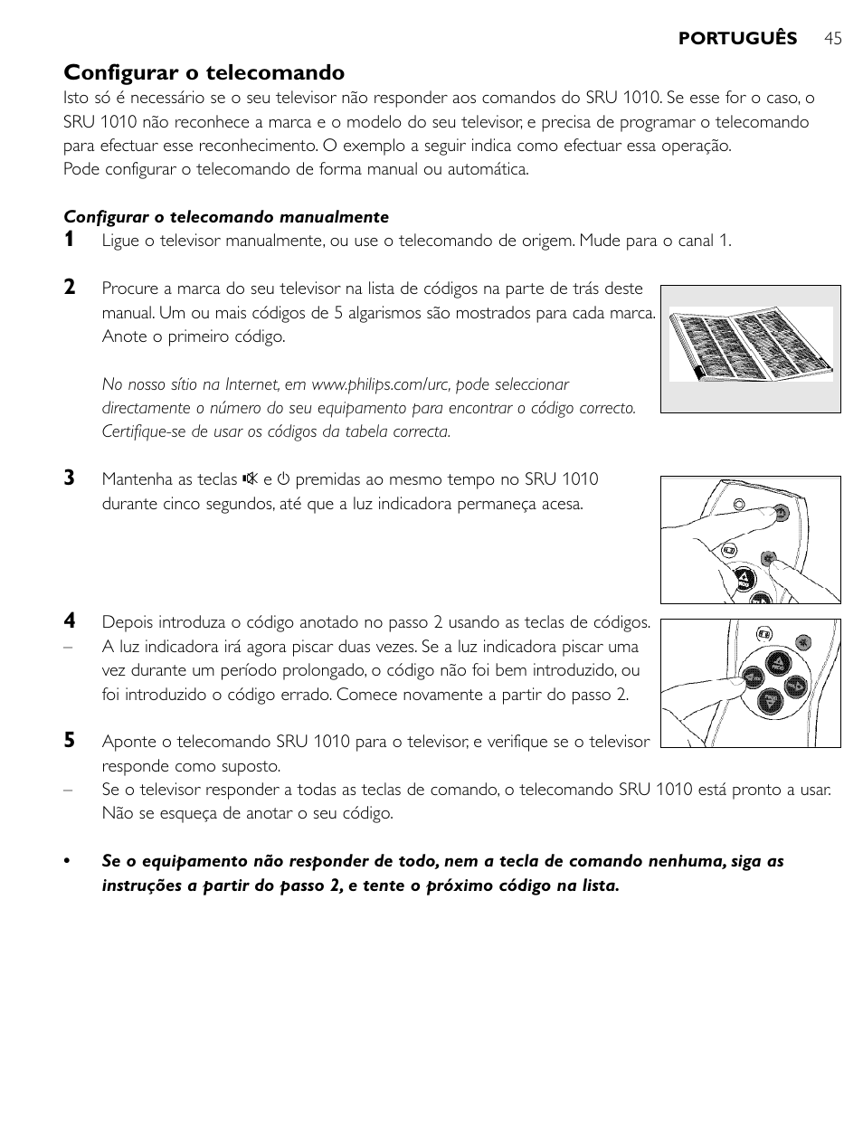 Configurar o telecomando | Philips SRU1010 User Manual | Page 44 / 73