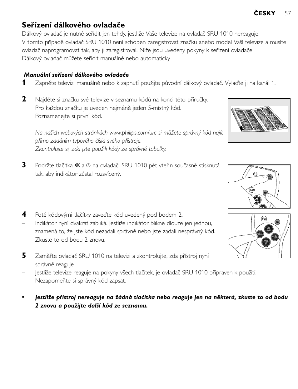 Seřízení dálkového ovladače | Philips SRU1010 User Manual | Page 56 / 73