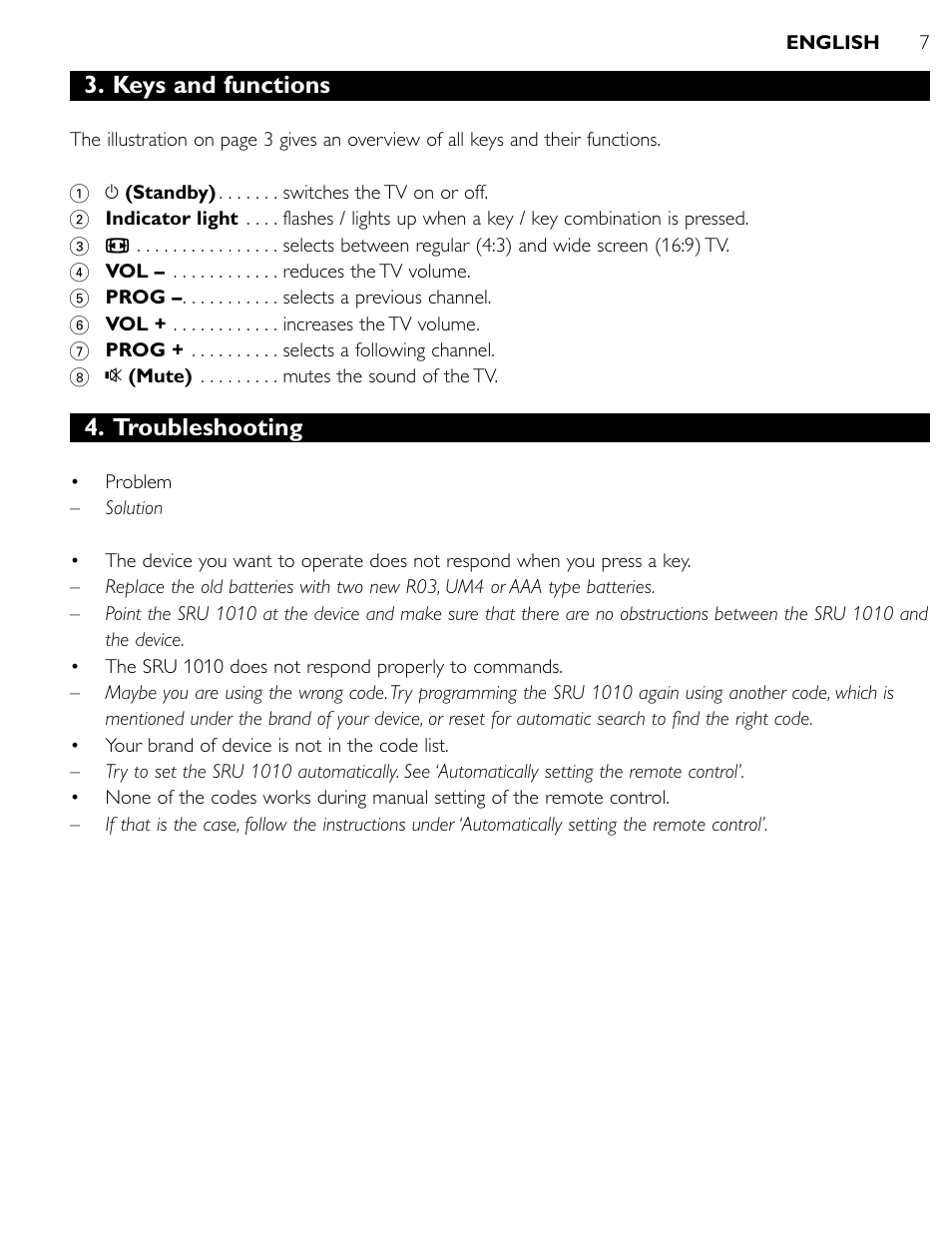 Keys and functions, Troubleshooting | Philips SRU1010 User Manual | Page 6 / 73