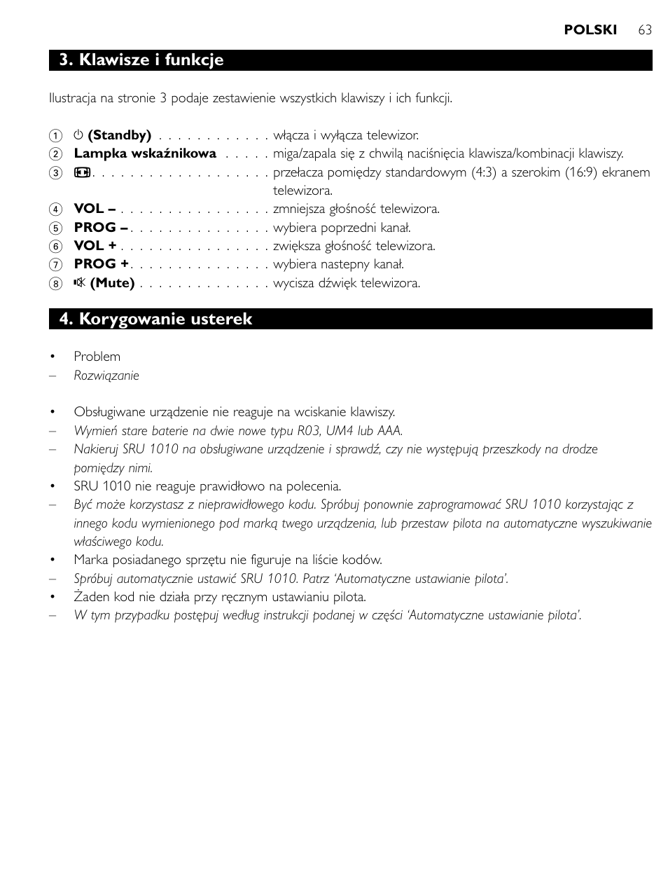 Klawisze i funkcje, Korygowanie usterek | Philips SRU1010 User Manual | Page 62 / 73