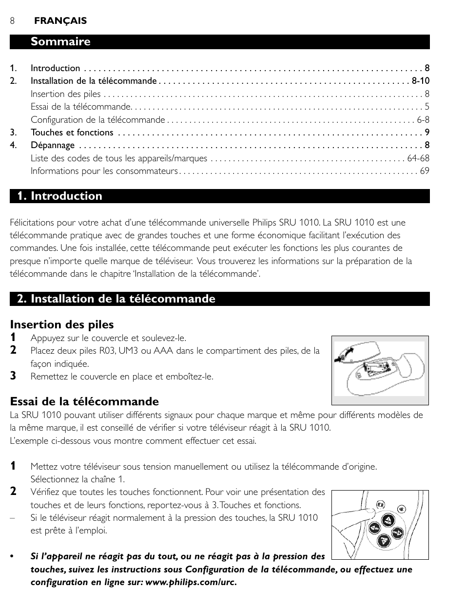 Sommaire, Introduction, Essai de la télécommande | Philips SRU1010 User Manual | Page 7 / 73