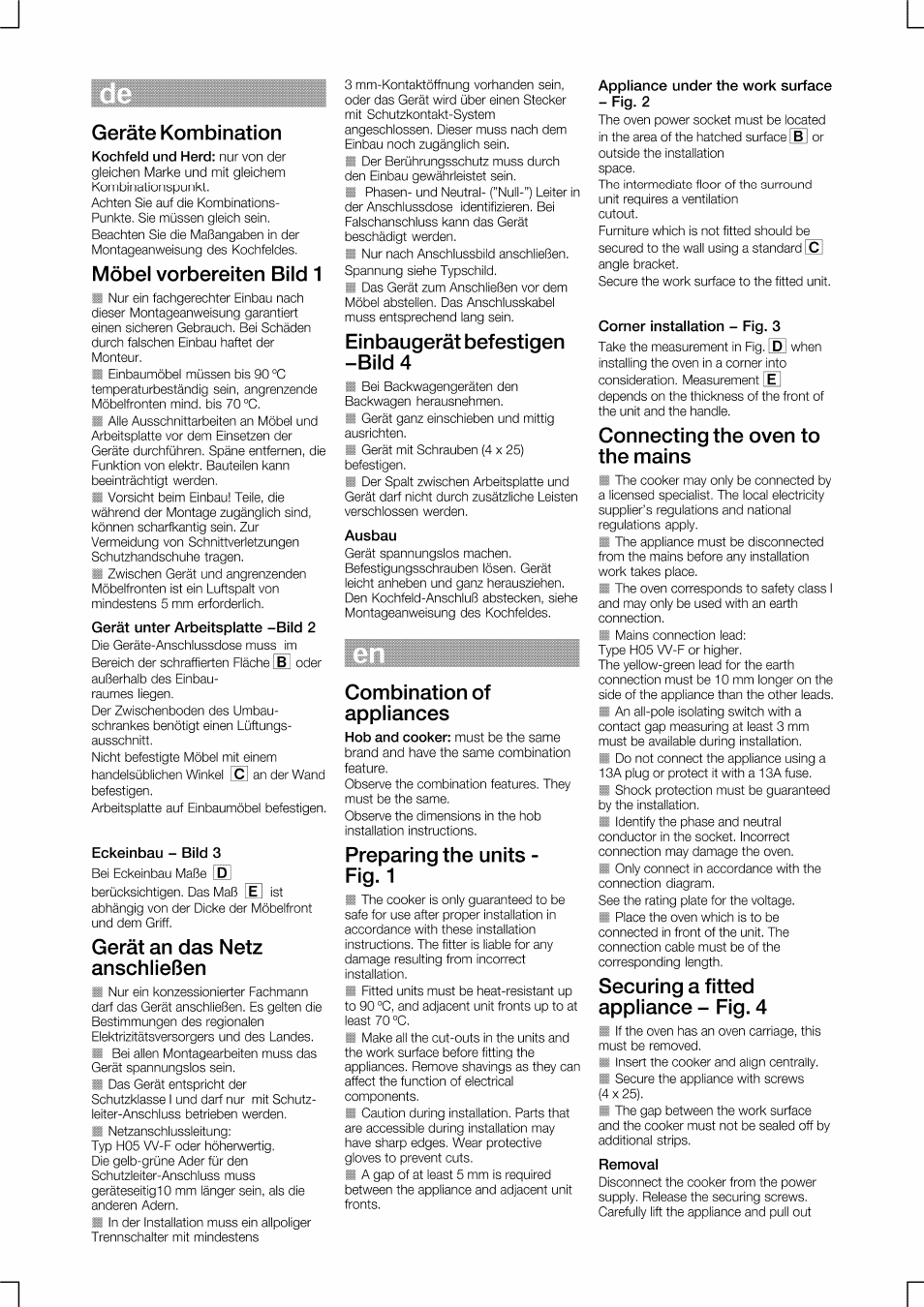 Eckeinbau - bild 3, Gerät unter arbeitsplatte -bild 2, Ausbau | Appliance under the work surface - fig. 2, Corner installation - fig. 3, Removal, Geräte kombination, Möbel vorbereiten bild 1, Gerät an das netz anschließen, Einbaugerät befestigen -bild 4 | Bosch HEN201E2 User Manual | Page 4 / 12