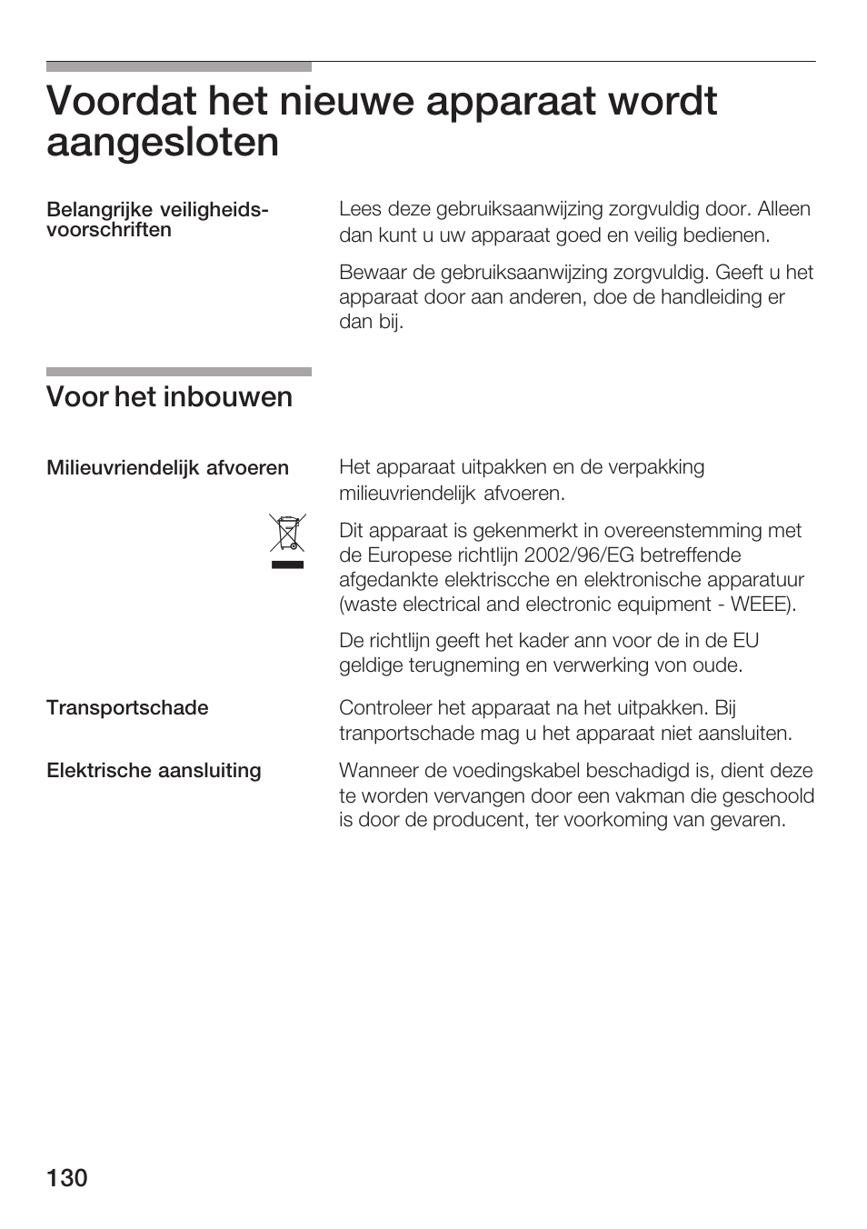 Voordat het nieuwe apparaat wordt aangesloten, Voor het inbouwen | Bosch HMT72G420 - weiß Mikrowellengerät mit Grill User Manual | Page 130 / 160