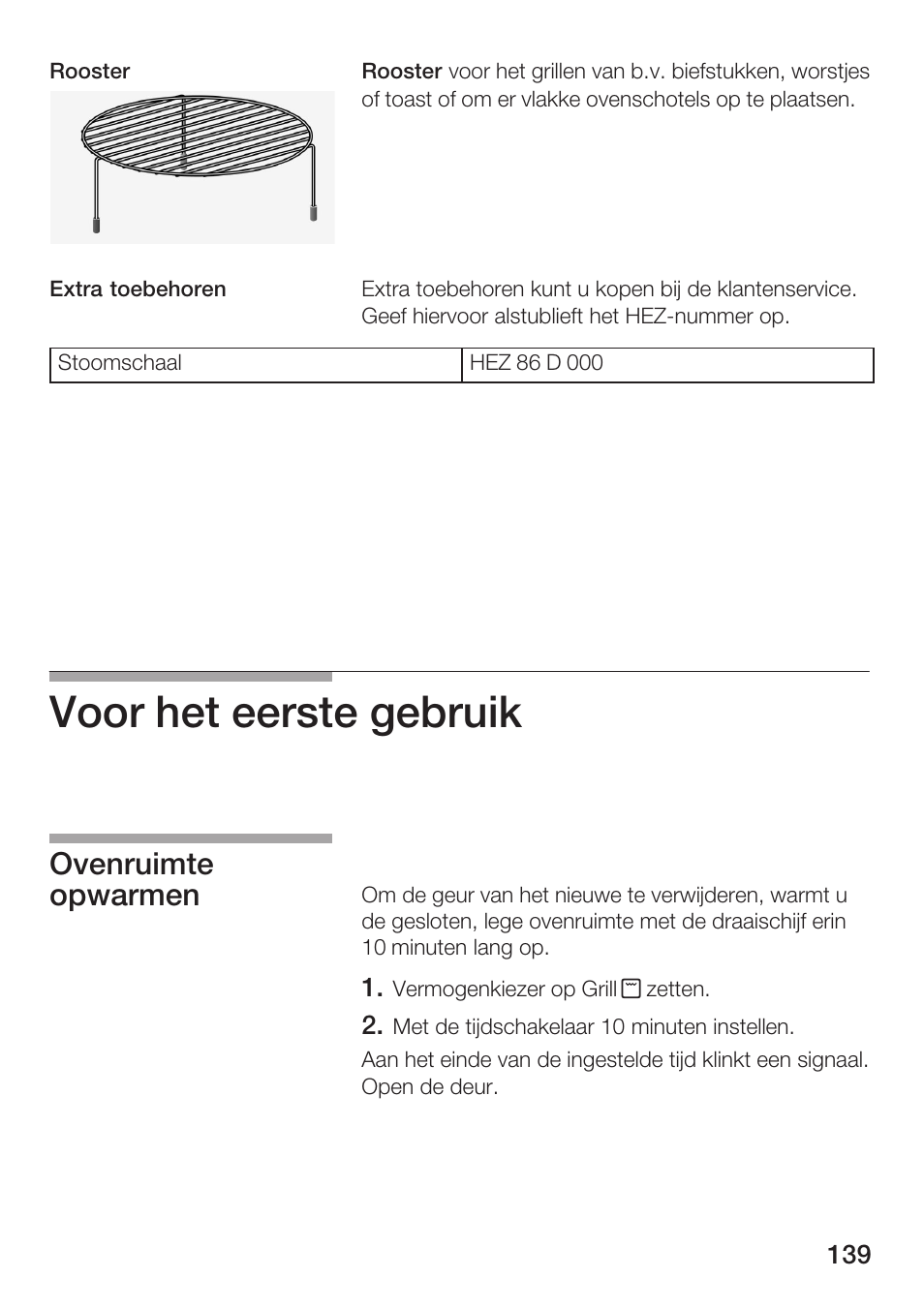 Voor het eerste gebruik, Ovenruimte opwarmen | Bosch HMT72G420 - weiß Mikrowellengerät mit Grill User Manual | Page 139 / 160
