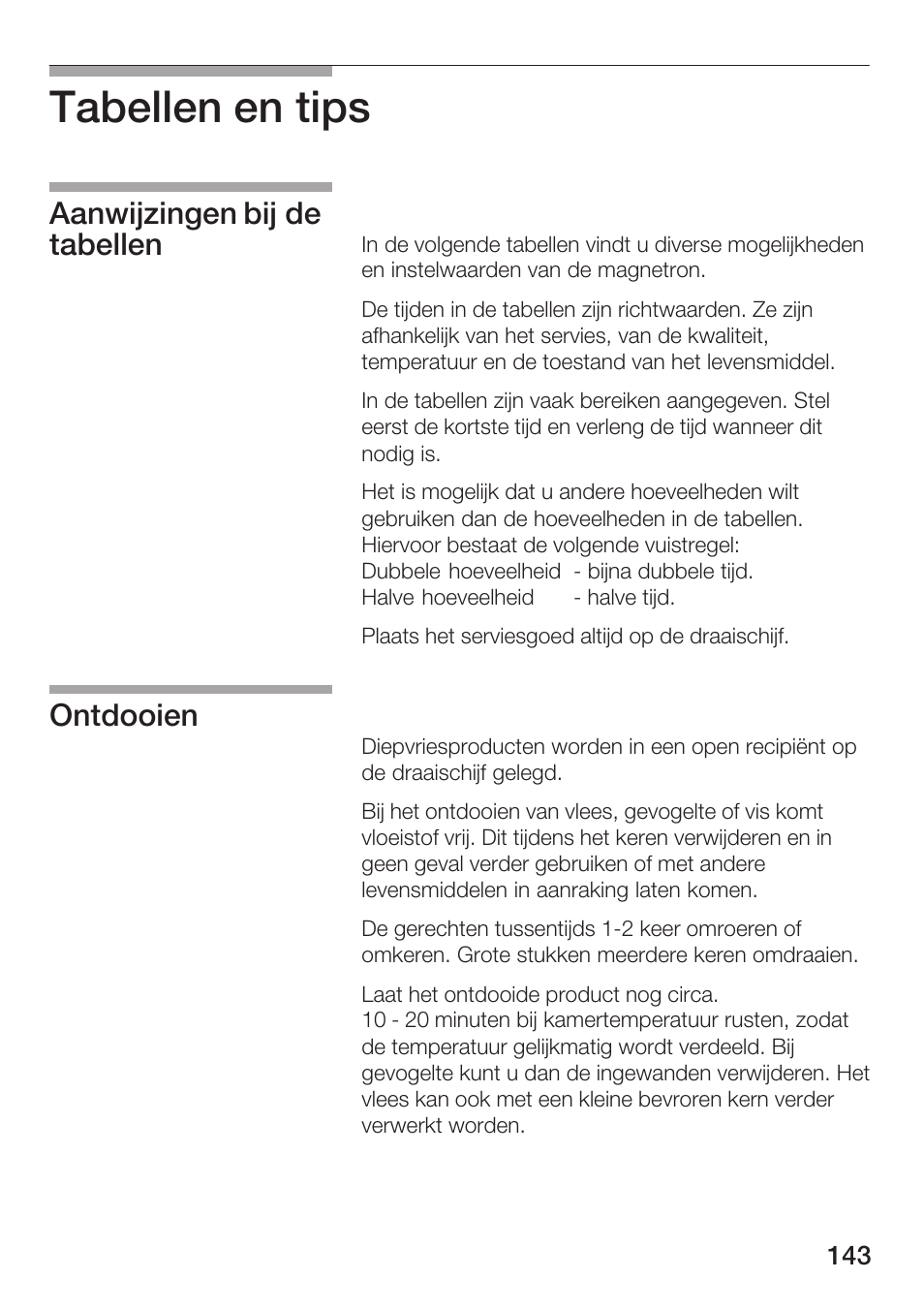 Tabellen en tips, Aanwijzingen bij de tabellen ontdooien | Bosch HMT72G420 - weiß Mikrowellengerät mit Grill User Manual | Page 143 / 160