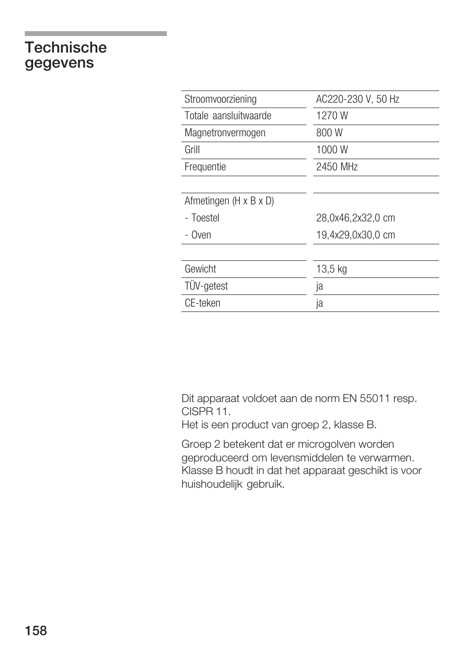 Technische gegevens | Bosch HMT72G420 - weiß Mikrowellengerät mit Grill User Manual | Page 158 / 160